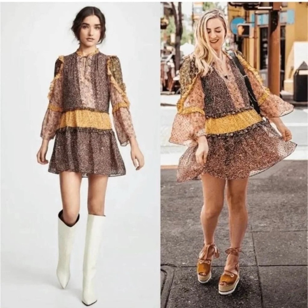 ULLA Johnson Essie Silk Patchwork Mini Dress 0 Boho Festival Cottage Drop Waist